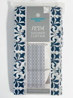 Comfort Bay Peva Shower Curtain Damask Printed Navy Blue 70x72 NWT